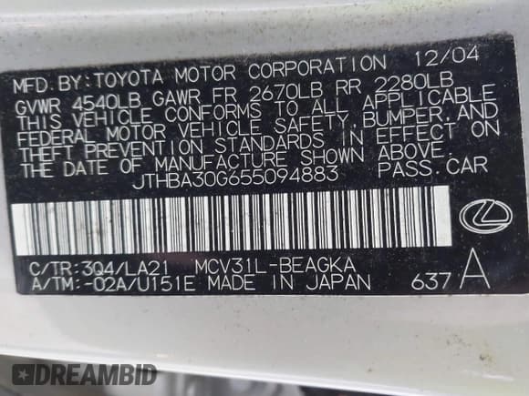 ✅ 2005 Lexus ES 350 • VIN: JTHBA30G655094883 • Лот: 43868988. Опубликован ранее на IAAI с пробегом 119 369 миль. Бесплатный доступ к архиву аукционных продаж из США и подробный отчёт об истории автомобиля на DreamBid. Изображение 9.