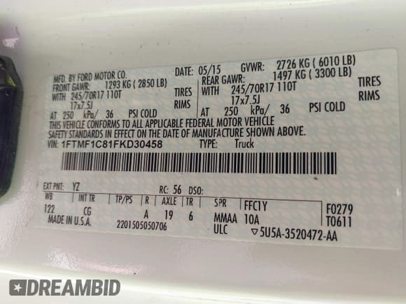 ✅ 2015 Ford F-150 XL • VIN: 1FTMF1C81FKD30458 • Lot: 42386303. Listed on IAAI with 214,474 mi. Free auction sales archive from the USA and detailed vehicle history report at DreamBid. Image 9.