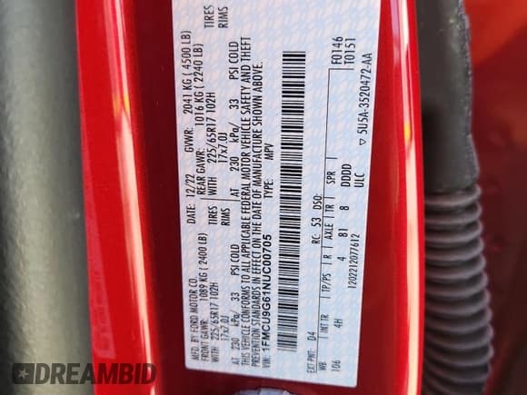 ✅ 2022 Ford Escape SE • VIN: 1FMCU9G61NUC00705 • Lot: 83873825. Wystawiony na Copart z przebiegiem 10 338 mil. Bezpłatny archiwum sprzedaży aukcyjnych z USA i szczegółowy raport historii pojazdu na DreamBid. Zdjęcie 13.