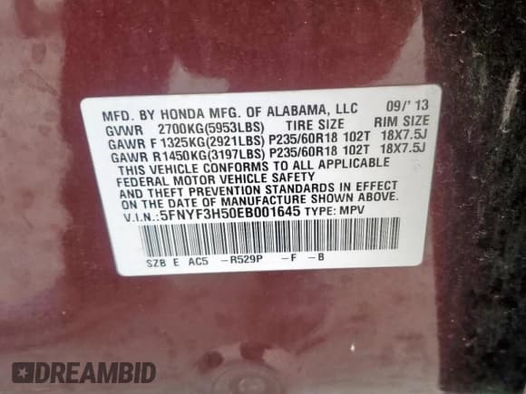 ✅ 2014 Honda Pilot EX-L • VIN: 5FNYF3H50EB001645 • Lot: 93093105. Listed on Copart with 191,300 mi. Free auction sales archive from the USA and detailed vehicle history report at DreamBid. Image 14.