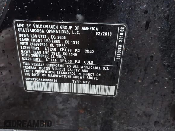 ✅ 2018 Volkswagen Atlas SE • VIN: 1V2FR2CA4JC555497 • Lot: 42359648. Listed on IAAI with 133,851 mi. Free auction sales archive from the USA and detailed vehicle history report at DreamBid. Image 9.