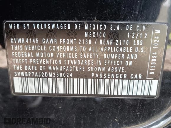 ✅ 2013 Volkswagen Jetta SE • VIN: 3VWBP7AJ2DM258024 • Лот: 42850479. Опубликован ранее на IAAI с пробегом 105 391 миль. Бесплатный доступ к архиву аукционных продаж из США и подробный отчёт об истории автомобиля на DreamBid. Изображение 9.