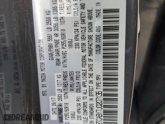 ✅ 2018 Mazda CX-9 Sport • VIN: JM3TCABY7J0207135 • Lot: 53756885. Listed on Copart with 80,029 mi. Free auction sales archive from the USA and detailed vehicle history report at DreamBid. Image 15.