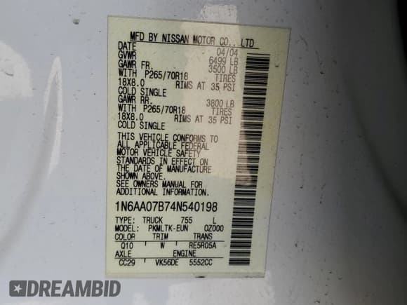 ✅ 2004 Nissan Titan SE • VIN: 1N6AA07B74N540198 • Lot: 67648055. Listed on Copart with 260,474 mi. Free auction sales archive from the USA and detailed vehicle history report at DreamBid. Image 13.