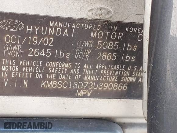 2003 Hyundai Santa Fe GLS с VIN KM8SC13D73U390866, выставлен на аукционе IAAI как лот 41227145 с пробегом 157 395 миль миль и . История ставок и продаж доступна на DreamBid. Изображение 9.