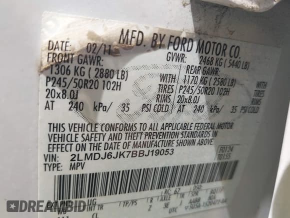 ✅ 2011 Lincoln MKX • VIN: 2LMDJ6JK7BBJ19053 • Lot: 42561653. Listed on IAAI with 129,698 mi. Free auction sales archive from the USA and detailed vehicle history report at DreamBid. Image 9.