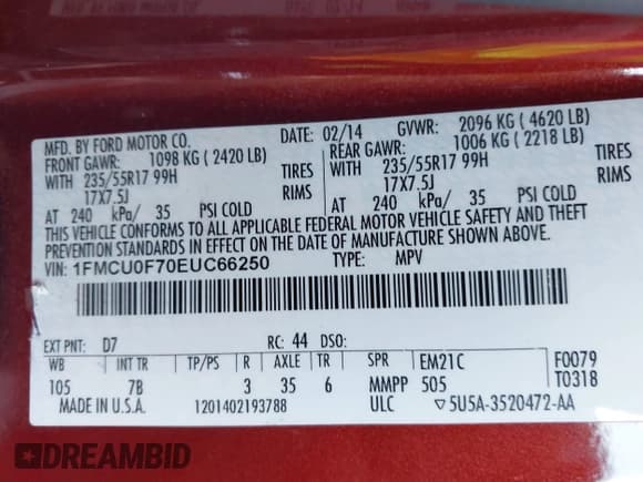 ✅ 2014 Ford Escape S • VIN: 1FMCU0F70EUC66250 • Лот: 43723273. Опубликован ранее на IAAI с пробегом 219 132 миль. Бесплатный доступ к архиву аукционных продаж из США и подробный отчёт об истории автомобиля на DreamBid. Изображение 9.