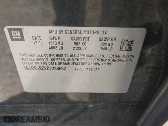 2012 Chevrolet Cruze 1FL with VIN 1G1PE5SC2C7238652, listed as a IAAI auction lot 42189082 with 138,797 mi miles and . Bid and sale history available at DreamBid. Image 9.