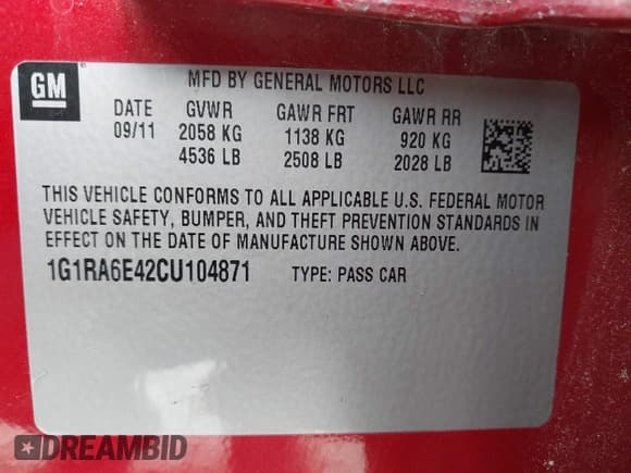 ✅ 2012 Chevrolet Volt • VIN: 1G1RA6E42CU104871 • Lot: 40411645. Listed on IAAI with 149,125 mi. Free auction sales archive from the USA and detailed vehicle history report at DreamBid. Image 9.