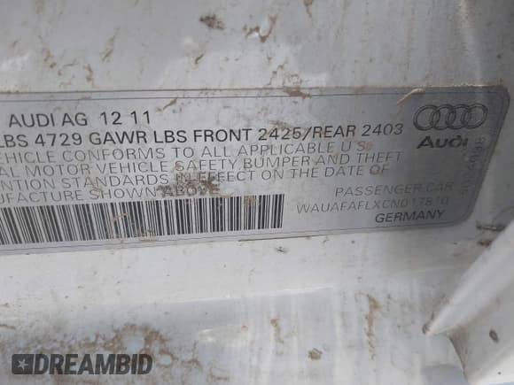 ✅ 2012 Audi A4 Premium • VIN: WAUAFAFLXCN017810 • Lot: 39574189. Listed on IAAI with 135,915 mi. Free auction sales archive from the USA and detailed vehicle history report at DreamBid. Image 9.