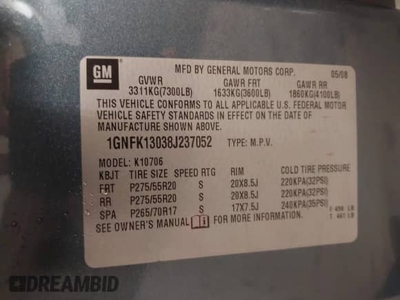 2008 Chevrolet Tahoe LTZ with VIN 1GNFK13038J237052, listed as a IAAI auction lot 43421055 with 189,242 mi miles and . Bid and sale history available at DreamBid. Image 9.