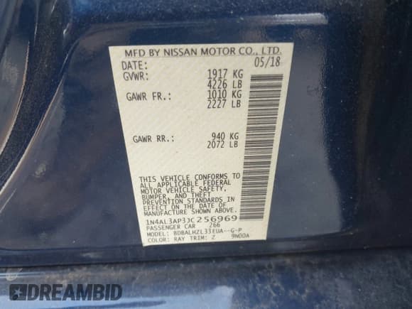 ✅ 2018 Nissan Altima SR • VIN: 1N4AL3AP3JC256969 • Lot: 42534965. Listed on IAAI with 263,298 mi. Free auction sales archive from the USA and detailed vehicle history report at DreamBid. Image 9.