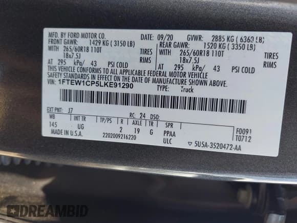 ✅ 2020 Ford F-150 XL • VIN: 1FTEW1CP5LKE91290 • Lot: 42945197. Listed on IAAI with 87,114 mi. Free auction sales archive from the USA and detailed vehicle history report at DreamBid. Image 9.