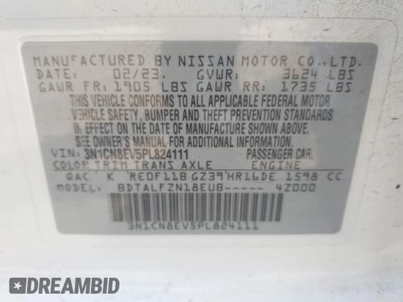 ✅ 2023 Nissan Versa SV • VIN: 3N1CN8EV5PL824111 • Лот: 42994065. Опубликован ранее на IAAI с пробегом 108 958 миль. Бесплатный доступ к архиву аукционных продаж из США и подробный отчёт об истории автомобиля на DreamBid. Изображение 9.