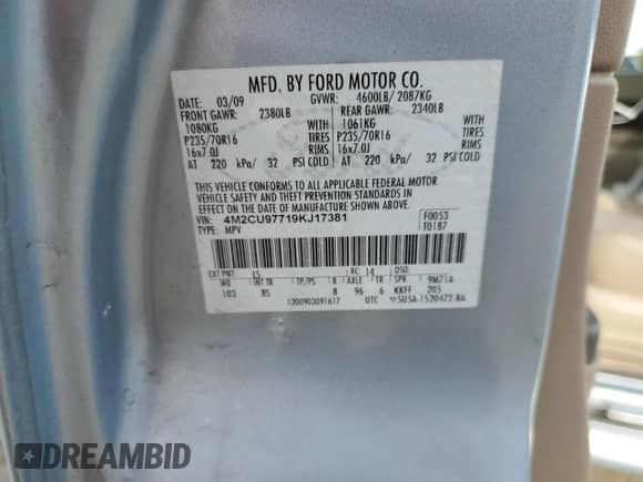 2009 Mercury Mariner Premier with VIN 4M2CU97719KJ17381, listed as a Copart auction lot 80750244 with 115,730 mi miles and Salvage title. Bid and sale history available at DreamBid. Image 13.