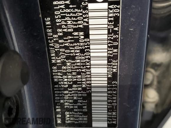 ✅ 2019 Toyota Corolla L • VIN: 5YFBURHE4KP903150 • Lot: 53019835. Listed on Copart with 90,935 mi. Free auction sales archive from the USA and detailed vehicle history report at DreamBid. Image 13.