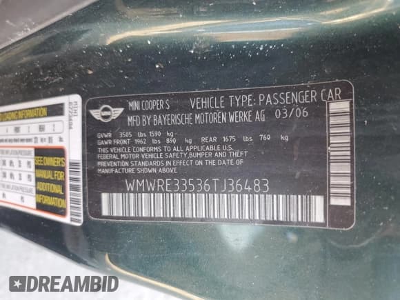 ✅ 2006 MINI Hardtop S • VIN: WMWRE33536TJ36483 • Lot: 84926995. Listed on Copart with 153,921 mi. Free auction sales archive from the USA and detailed vehicle history report at DreamBid. Image 12.