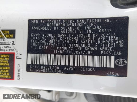 ✅ 2012 Toyota Camry L • VIN: 4T4BF1FK8CR247092 • Lot: 43378133. Wystawiony na IAAI z przebiegiem 109 826 mil. Bezpłatny archiwum sprzedaży aukcyjnych z USA i szczegółowy raport historii pojazdu na DreamBid. Zdjęcie 9.