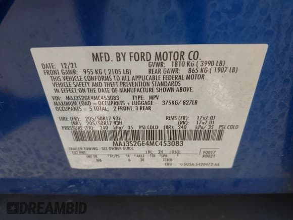 ✅ 2021 Ford EcoSport SE • VIN: MAJ3S2GE4MC453083 • Lot: 43738263. Listed on IAAI with 36,842 mi. Free auction sales archive from the USA and detailed vehicle history report at DreamBid. Image 9.