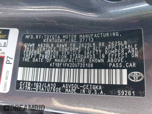 2013 Toyota Camry L with VIN 4T1BF1FK2DU720108, listed as a IAAI auction lot 42979480 with 129,105 mi miles and . Bid and sale history available at DreamBid. Image 9.