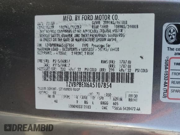 ✅ 2010 Ford Mustang V6 • VIN: 1ZVBP8EN6A5107854 • Lot: 61651625. Listed on Copart with 164,566 mi. Free auction sales archive from the USA and detailed vehicle history report at DreamBid. Image 12.