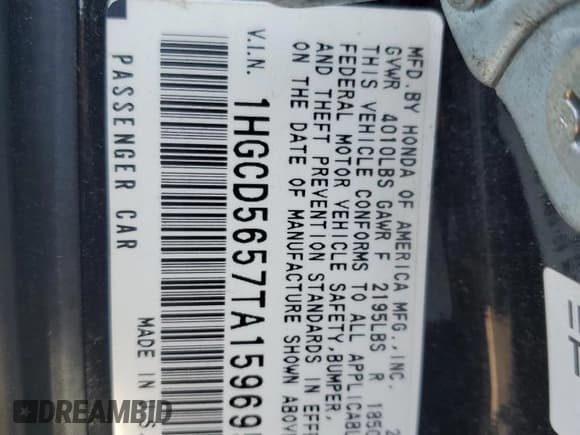 ✅ 1996 Honda Accord EX • VIN: 1HGCD5657TA159695 • Лот: 46241935. Опубликован ранее на Copart с пробегом 87 847 миль. Бесплатный доступ к архиву аукционных продаж из США и подробный отчёт об истории автомобиля на DreamBid. Изображение 14.