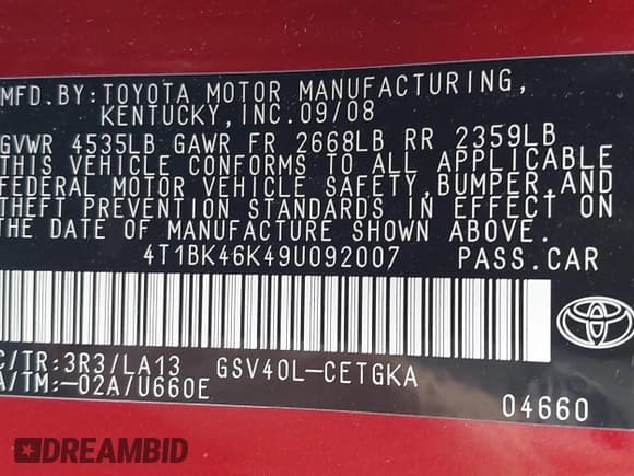 ✅ 2009 Toyota Camry XLE • VIN: 4T1BK46K49U092007 • Lot: 43316729. Listed on IAAI with 185,222 mi. Free auction sales archive from the USA and detailed vehicle history report at DreamBid. Image 9.