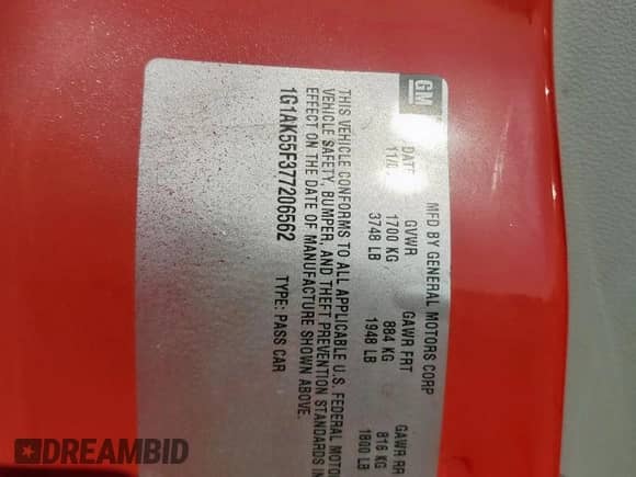 2007 Chevrolet Cobalt LS with VIN 1G1AK55F377206562, listed as a Copart auction lot 72017435 with 130,477 mi miles and Salvage title. Bid and sale history available at DreamBid. Image 12.