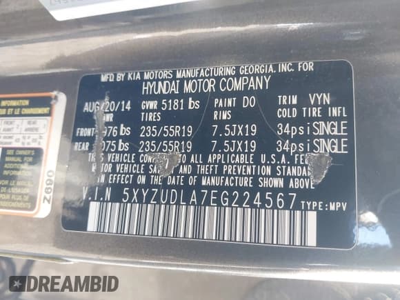 ✅ 2014 Hyundai Santa Fe • VIN: 5XYZUDLA7EG224567 • Лот: 43256294. Опубликован ранее на IAAI с пробегом Не указан. Бесплатный доступ к архиву аукционных продаж из США и подробный отчёт об истории автомобиля на DreamBid. Изображение 9.