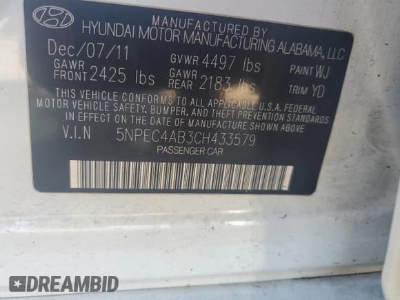 ✅ 2012 Hyundai Sonata Limited • VIN: 5NPEC4AB3CH433579 • Lot: 74943454. Listed on Copart with 199,282 mi. Free auction sales archive from the USA and detailed vehicle history report at DreamBid. Image 13.