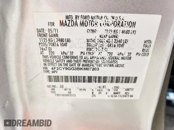 ✅ 2011 Mazda Tribute Grand Touring • VIN: 4F2CY9GG3BKM07203 • Lot: 62137295. Listed on Copart with 205,836 mi. Free auction sales archive from the USA and detailed vehicle history report at DreamBid. Image 13.