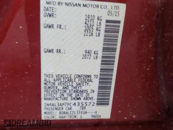 2015 Nissan Altima 2.5 с VIN 1N4AL3AP7FC435572, выставлен на аукционе Copart как лот 80857475 с пробегом 58 008 миль миль и Списание • Salvage title. История ставок и продаж доступна на DreamBid. Изображение 13.