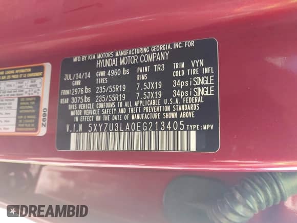 2014 Hyundai Santa Fe z VIN 5XYZU3LA0EG213405, wystawiony jako IAAI lot #43601126 z przebiegiem 171 331 mil mil oraz . Historia ofert i sprzedaży dostępna na DreamBid. Obrazek 9.