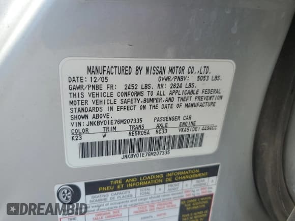 ✅ 2006 Infiniti M Sport • VIN: JNKBY01E76M207335 • Lot: 62013815. Listed on Copart with 110,537 mi. Free auction sales archive from the USA and detailed vehicle history report at DreamBid. Image 12.