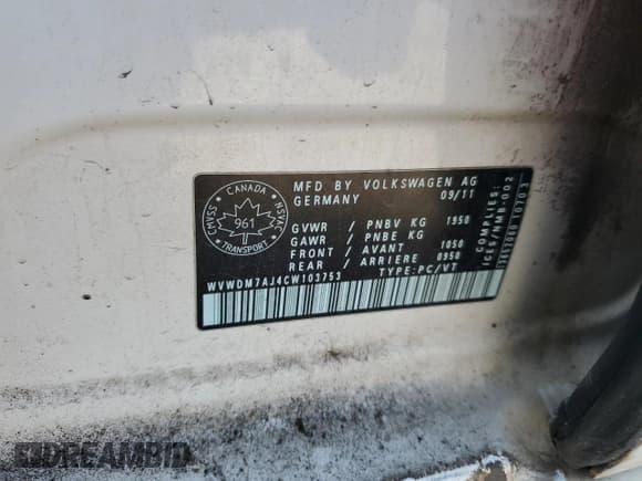 ✅ 2012 Volkswagen Golf TDI • VIN: WVWDM7AJ4CW103753 • Lot: 89931665. Listed on Copart with 202,201 mi. Free auction sales archive from the USA and detailed vehicle history report at DreamBid. Image 12.