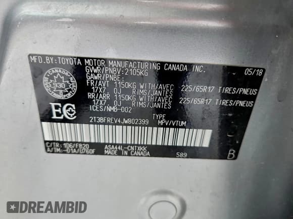 ✅ 2018 Toyota RAV4 LE • VIN: 2T3BFREV4JW802399 • Lot: 94268425. Listed on Copart with 114,198 mi. Free auction sales archive from the USA and detailed vehicle history report at DreamBid. Image 13.