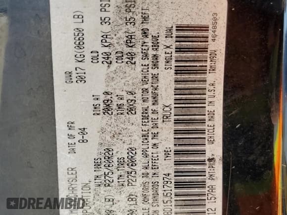 ✅ 2005 Dodge 1500 SLT • VIN: 1D7HA18D15J517974 • Лот: 75689894. Опубликован ранее на Copart с пробегом Не указан. Бесплатный доступ к архиву аукционных продаж из США и подробный отчёт об истории автомобиля на DreamBid. Изображение 14.