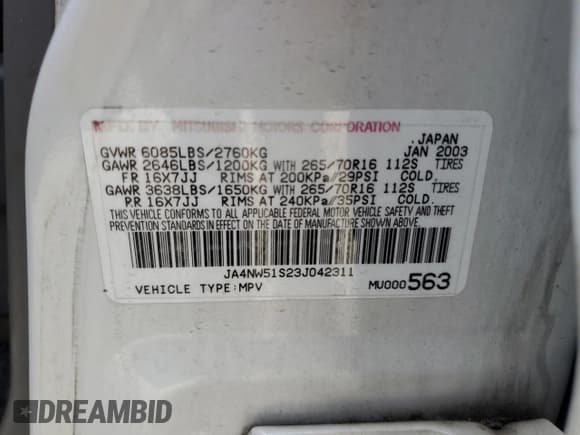 ✅ 2003 Mitsubishi Montero Limited • VIN: JA4NW51S23J042311 • Lot: 54429895. Listed on Copart with 119,138 mi. Free auction sales archive from the USA and detailed vehicle history report at DreamBid. Image 13.