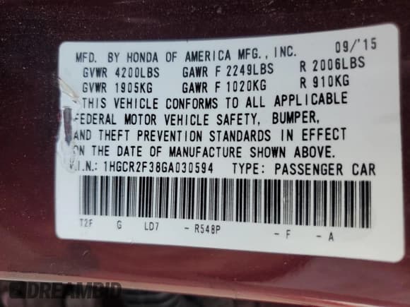 ✅ 2016 Honda Accord LX • VIN: 1HGCR2F38GA030594 • Lot: 81663455. Listed on Copart with 121,080 mi. Free auction sales archive from the USA and detailed vehicle history report at DreamBid. Image 12.