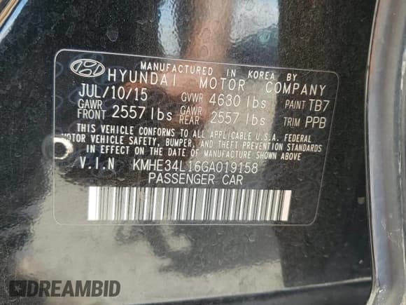 ✅ 2016 Hyundai Sonata Limited • VIN: KMHE34L16GA019158 • Lot: 71987475. Listed on Copart with 206,720 mi. Free auction sales archive from the USA and detailed vehicle history report at DreamBid. Image 12.