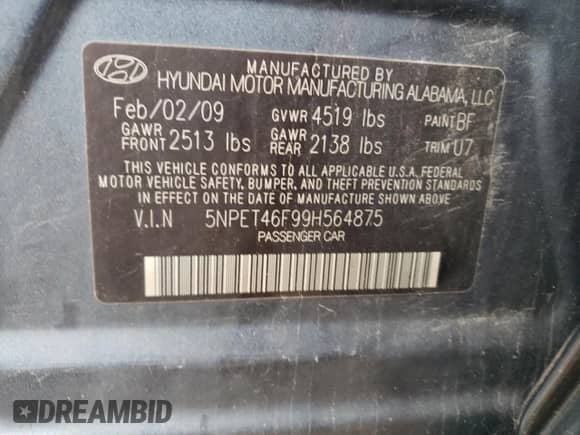 2009 Hyundai Sonata GLS z VIN 5NPET46F99H564875, wystawiony jako Copart lot #55279464 z przebiegiem 219 335 mil mil oraz Szkoda całkowita • Salvage title. Historia ofert i sprzedaży dostępna na DreamBid. Obrazek 14.