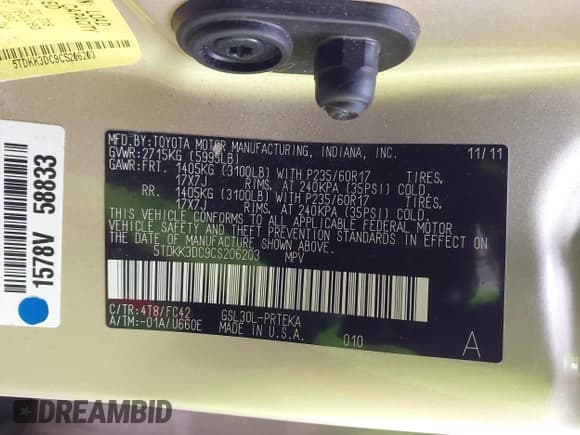 ✅ 2012 Toyota Sienna LE • VIN: 5TDKK3DC9CS206203 • Lot: 43658878. Listed on IAAI with 133,763 mi. Free auction sales archive from the USA and detailed vehicle history report at DreamBid. Image 9.