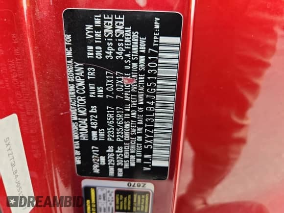 2018 Hyundai Santa Fe 2.4L с VIN 5XYZT3LB4JG513017, выставлен на аукционе Copart как лот 82496815 с пробегом Не указан миль и Списание • Salvage title. История ставок и продаж доступна на DreamBid. Изображение 13.