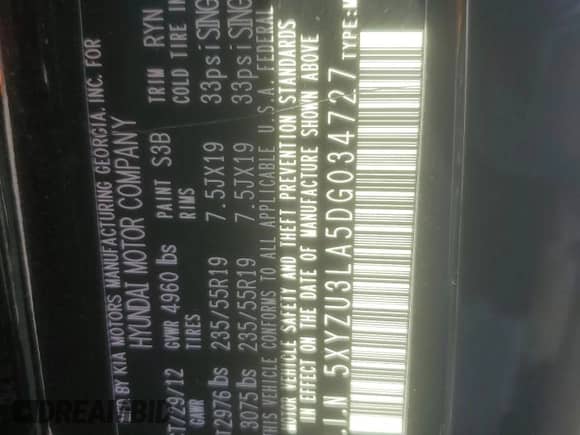 2013 Hyundai Santa Fe Sport z VIN 5XYZU3LA5DG034727, wystawiony jako Copart lot #81602545 z przebiegiem 99 112 mil mil oraz Szkoda całkowita • Salvage title. Historia ofert i sprzedaży dostępna na DreamBid. Obrazek 12.