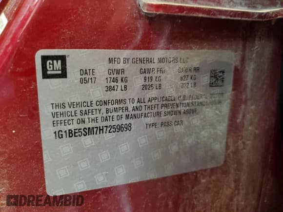 2017 Chevrolet Cruze LT с VIN 1G1BE5SM7H7259698, выставлен на аукционе Copart как лот 81373825 с пробегом 29 040 миль миль и Чистый • Clean title. История ставок и продаж доступна на DreamBid. Изображение 12.