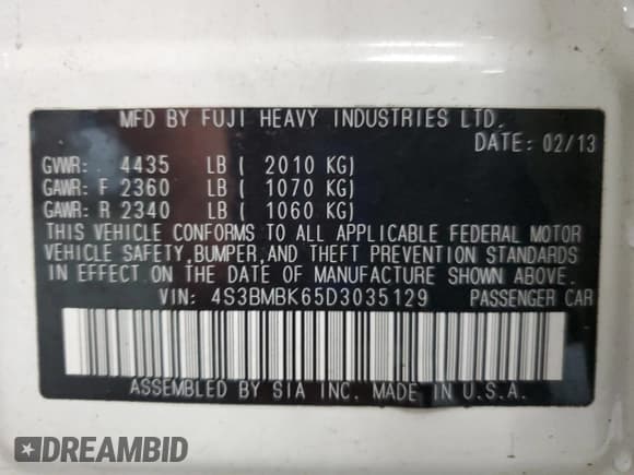 ✅ 2013 Subaru Legacy Limited • VIN: 4S3BMBK65D3035129 • Lot: 61182825. Listed on Copart with 131,499 mi. Free auction sales archive from the USA and detailed vehicle history report at DreamBid. Image 12.