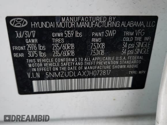 ✅ 2018 Hyundai Santa Fe 2.0T • VIN: 5NMZUDLAXJH072817 • Лот: 43754453. Опубликован ранее на Copart с пробегом 89 190 миль. Бесплатный доступ к архиву аукционных продаж из США и подробный отчёт об истории автомобиля на DreamBid. Изображение 13.