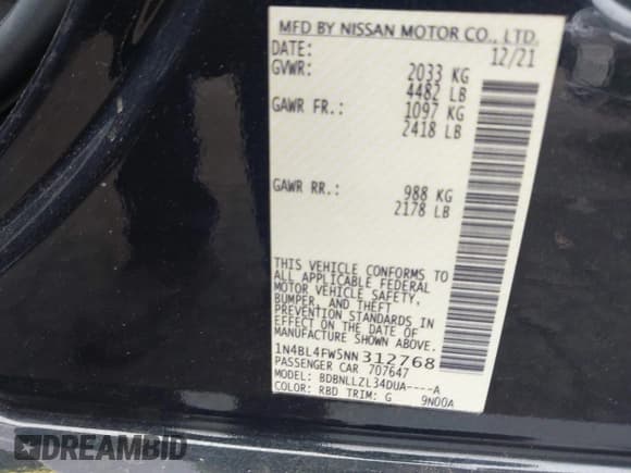 ✅ 2022 Nissan Altima Platinum • VIN: 1N4BL4FW5NN312768 • Lot: 42478151. Wystawiony na IAAI z przebiegiem 37 859 mil. Bezpłatny archiwum sprzedaży aukcyjnych z USA i szczegółowy raport historii pojazdu na DreamBid. Zdjęcie 9.