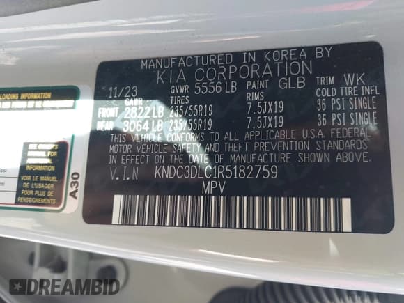 ✅ 2024 Kia EV6 Wind • VIN: KNDC3DLC1R5182759 • Lot: 42809240. Wystawiony na IAAI z przebiegiem 24 183 mil. Bezpłatny archiwum sprzedaży aukcyjnych z USA i szczegółowy raport historii pojazdu na DreamBid. Zdjęcie 9.