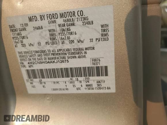 2010 Mercury Mariner Premier с VIN 4M2CN9HG4AKJ12675, выставлен на аукционе Copart как лот 71417445 с пробегом Не указан миль и Списание • Salvage title. История ставок и продаж доступна на DreamBid. Изображение 13.